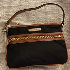 Michael Kors Kempton Black Nylon Brown Leather Trim Wristlet Bag